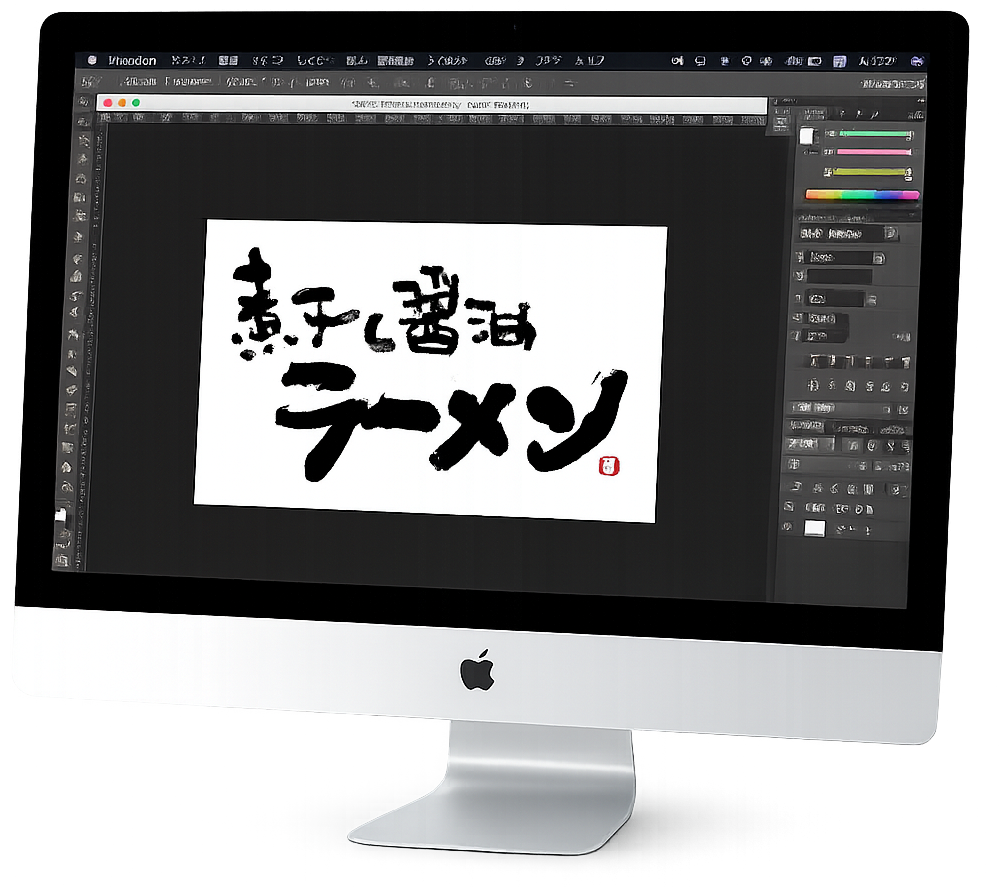 筆文字をパソコンでロゴデータに加工する様子